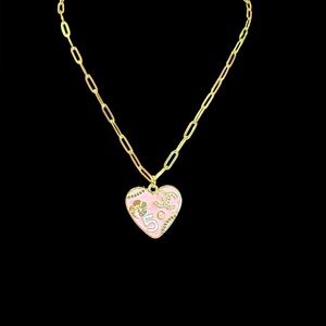 Upcycled Gold Chain Necklace with Pink Heart Pendant